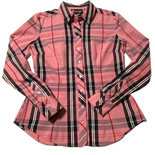 $25 7th Avenue New York & Co XXS Pink Plaid Long Sleeve Button Shirt - Fitted
