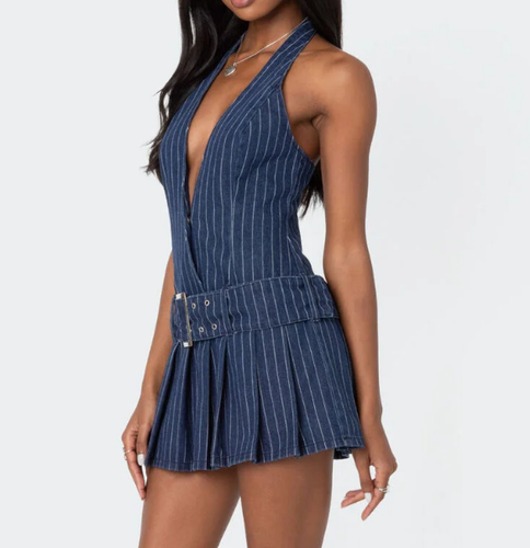 Edikted Belted Pinstripe Denim Mini Dress Online Exclusive Navy Size XS NWT - Picture 3 of 6