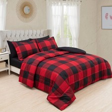 Goose Down Alternative Bed in a Bag Printed Sheet Comforter Set, Red Black Plaid