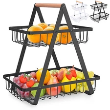 2-Tier Portable Fruit Basket Kitchen Storage Organizer + Detachable Metal Basket