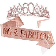 60th Birthday Sash and Tiaras Crown for Women 60 and Fabulous Birthday Gift