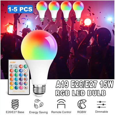 1to5Pack 15W RGB LED Light Bulb E26 Color Changing Dimmable Lamp Remote Control