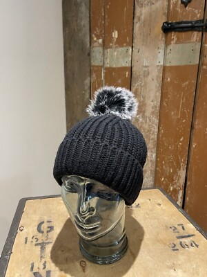 Marks Spencer Cable Knit Beanie Bobble Pom pom Hat Black
