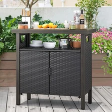 Outdoor Storage Cabinet Patio Wicker Bar Counter Table 2 Doors Backyard Patio