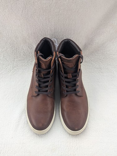 Size 8 Men's Express Brown Leather Lace Up High Top Round Toe Boots - Picture 3 of 8