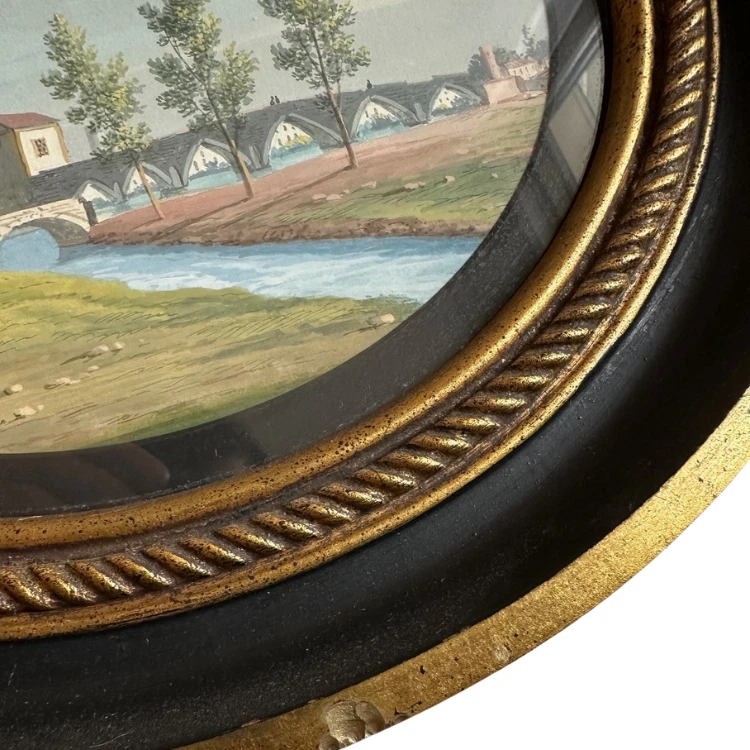Antique Italian Gouache Landscape – Framed Under Glass – 13" x 11" Oval - Image 4 of 4