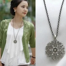 Women's Fashion Jewelry Long Silver Plated Crystal Flower Pendant Necklace 8-3
