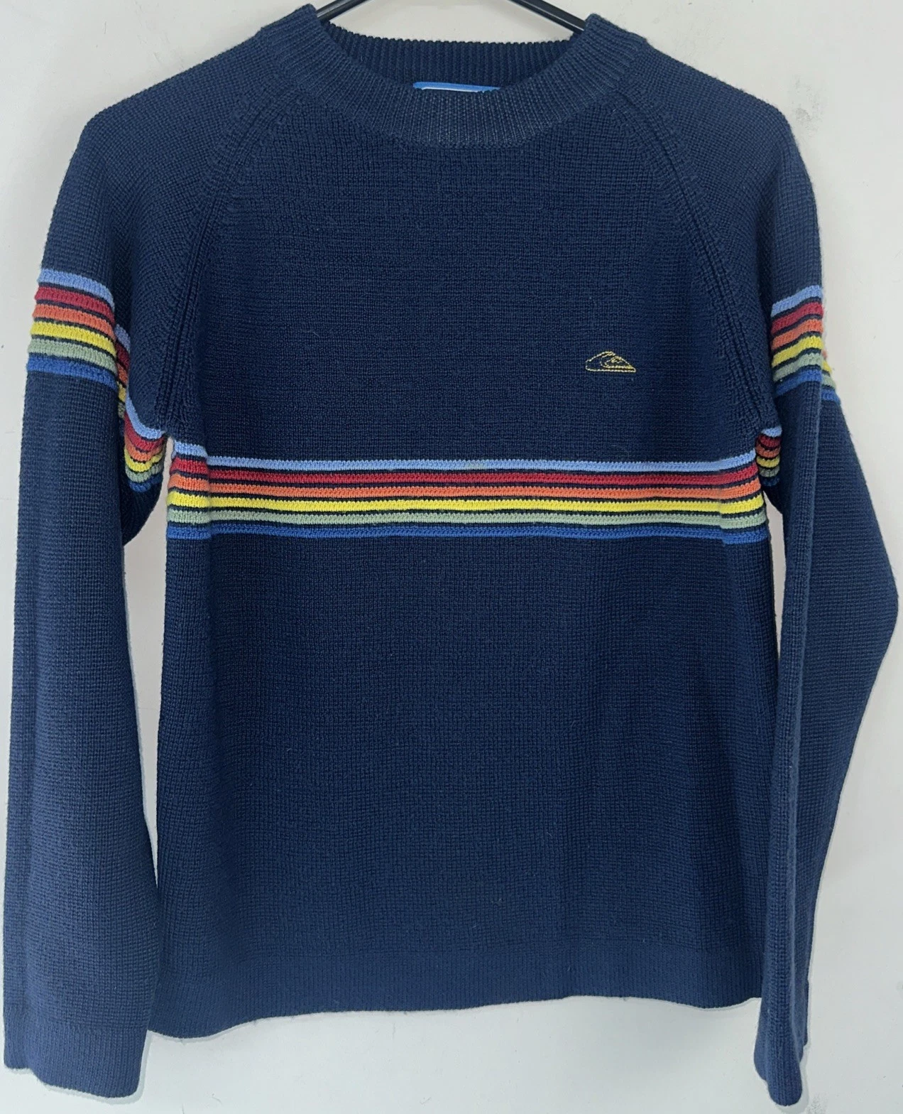 Vintage 90s Quiksilver Sweater Navy Blue Rainbow Stripe Surf Knit Jumper Size 10