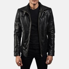 Mens Real Cowhide Leather Biker Jacket Black Belt High Neck Motorcycle Coat