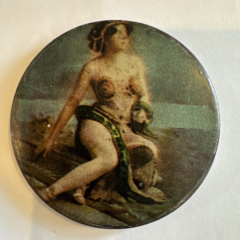 POCKET MIRROR TIN LITHO - Risqué Lingerie Woman Snake - Early 1900s