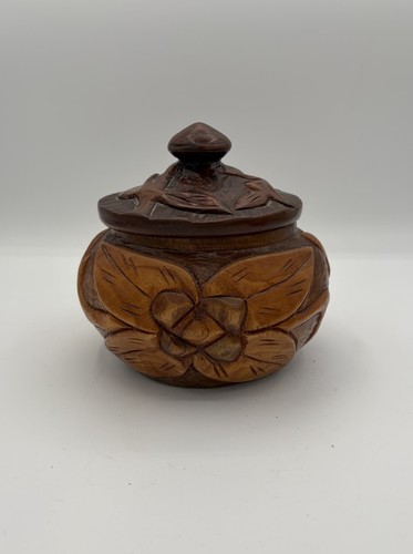 Floral Botanical Hand Carved Wood Covered Bowl Jar 6" Tropical