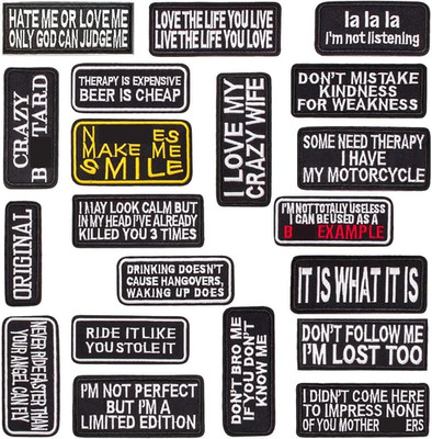 Sew or Iron on Embroidered Patches | 20 Unique Designs Bold Slogans | Edgy Humor