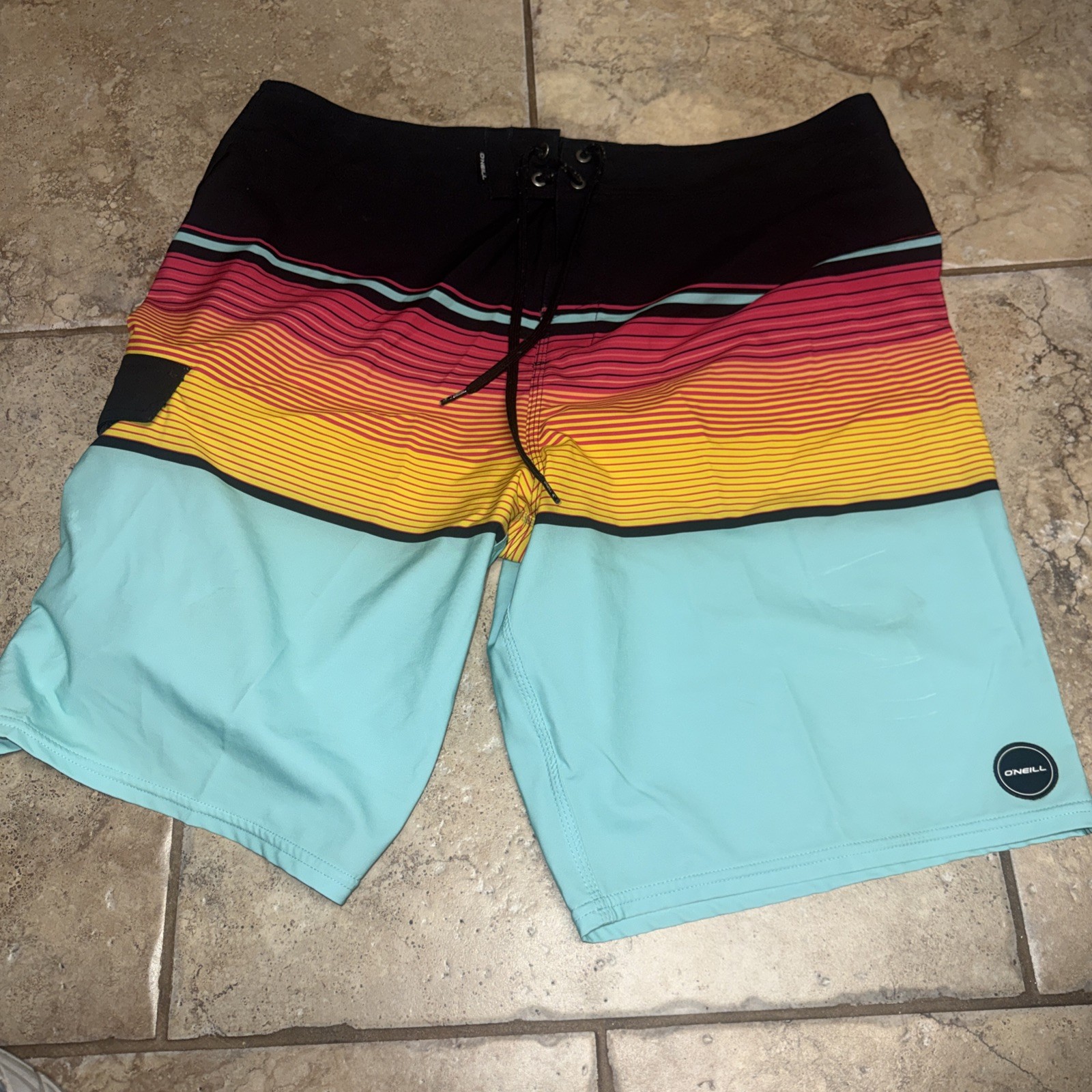 O'Neill Board Shorts Swim Trunks Mens Sz 38 Stripe Blue black pink/yellow