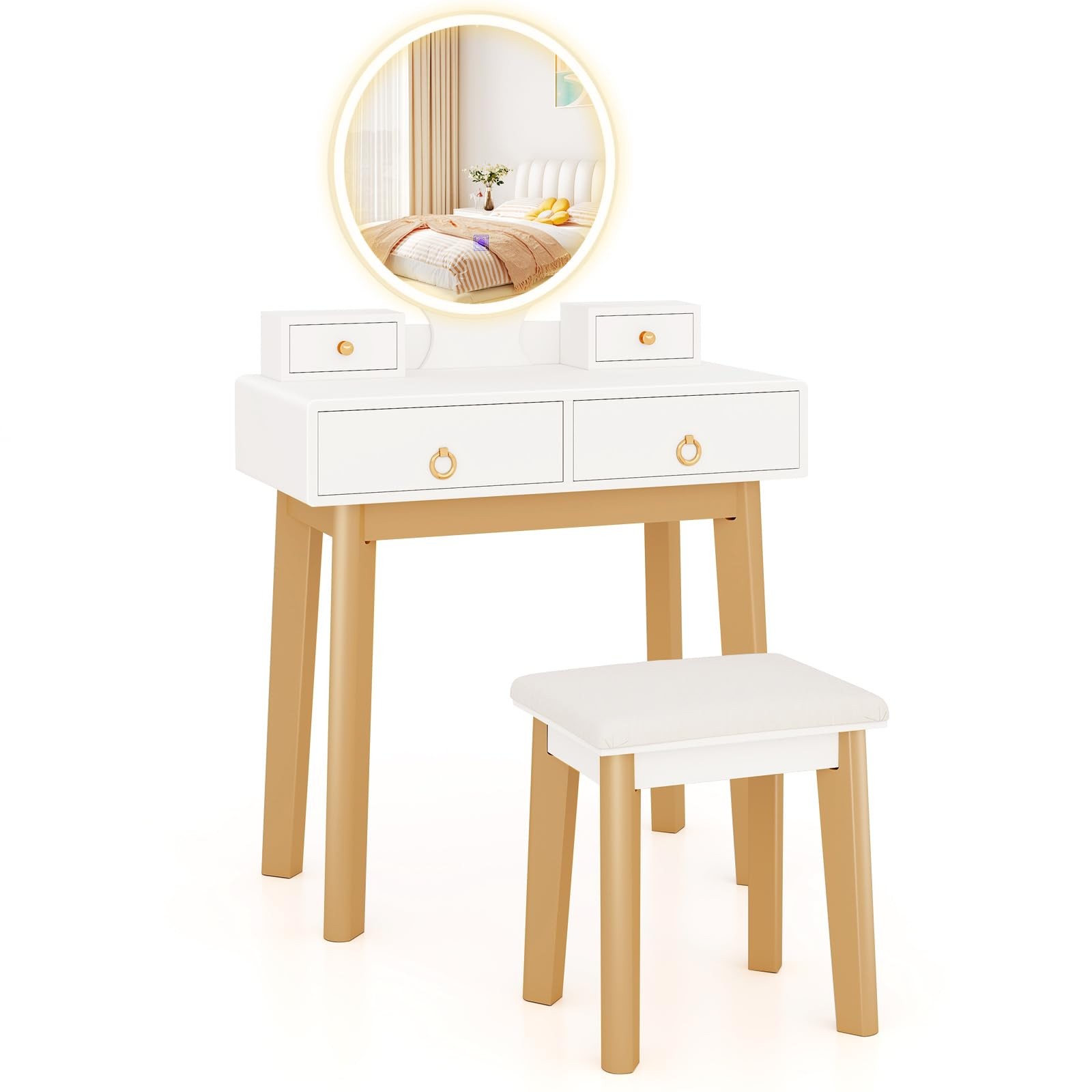  Makeup Vanity Desk with Mirror & Lights, Dressing Table and Chair Set 