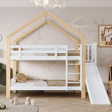 Etagenbett mit Rutsche und Leiter Hausbett Kinderbett 90x200cm Weiß+Natur