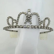 Vintage Clear Glass Rhinestone Tiara pageant Crown Hair Combs Silver Tone Metal