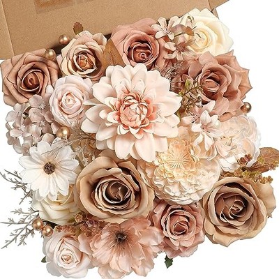  Artificial Flowers Combo Set Fake Flower Leaf Box with Brown & Nude Color