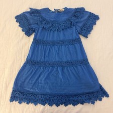 Mini Boden Girls 7-8 Dress Cabana Blue Lace Tiered Summer Sun Scallop Cotton