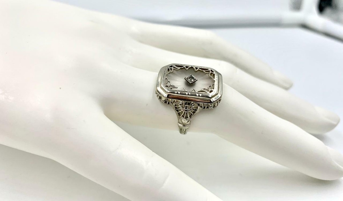 Bague Art Déco - Or Blanc 14K Avec Diamant & Cristal De Roche Givré / Verre Camphré - Taille 7