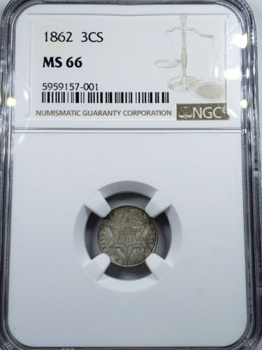 1862 Typ 3 Srebrny 3-centowy kawałek NGC MS 66 *Low Mintage*  - Zdjęcie 1 z 8