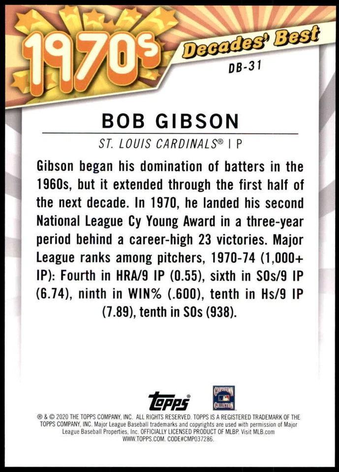 Bob Gibson 2020 Topps Decades Best 5x7 Gold #DB-31 9/10 Cardinals - Image 2 of 2