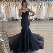 Black Gothic Mermaid Wedding Dresses V-Neck Lace Applique Strapless Bridal Gowns