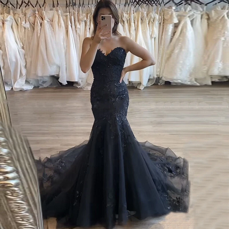 Mermaid Wedding Dresses Black Gothic Lace Applique V-Neck Strapless Bridal Gown - Image 2 of 4