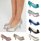 NEW WOMENS LOW SATIN KITTEN HEEL SHOES BRIDAL WEDDING PROM PARTY FLOWER