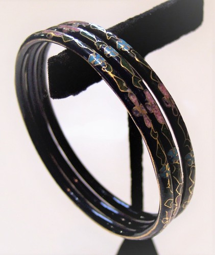 Set 3 schwarze Cloisonné Armreif Armbänder blau rosa Emaille - Bild 2 von 4