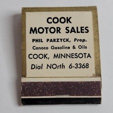 1940's Cook Motor Sales Conoco Gasoline & Oil Complete Matchbook Minnesota