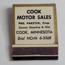 1940's Cook Motor Sales Conoco Gasoline & Oil Complete Matchbook Minnesota