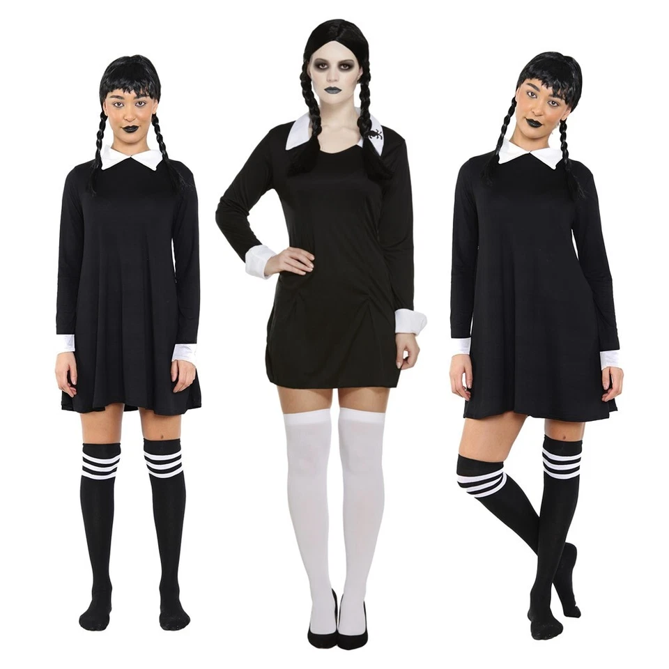 Adulte Gothique Écolière Mercredi Addams 3-Piece Déguisement Costume Halloween - Photo 2/2