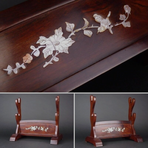 Support d'épée en bois japonais KATANA-KAKE incrustation de raden fleur et oiseau avec:11,8" - Photo 1/12