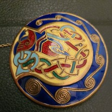 Guilloche Enameled Brass Modernist Abstract Brooch Pin 1 & 5/8"