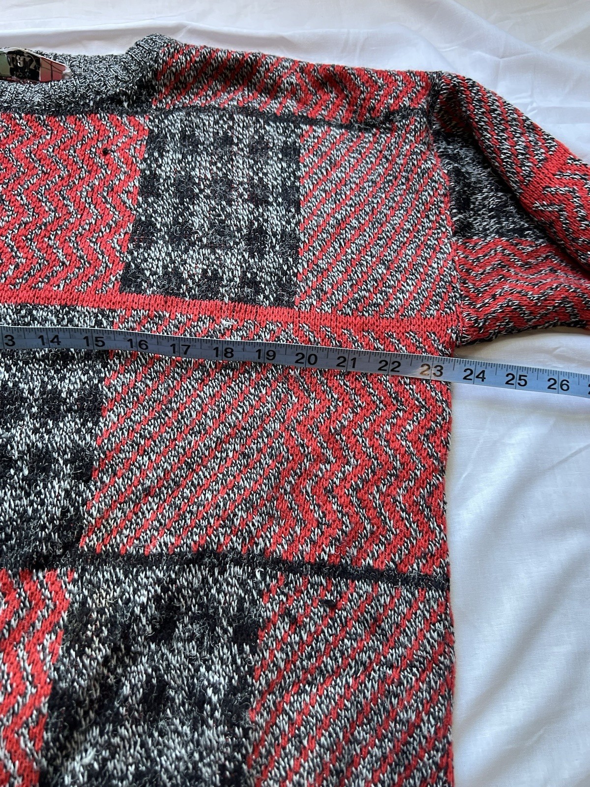 Patchwork Knit Sweater with Red and Grey Checks M… - image 8