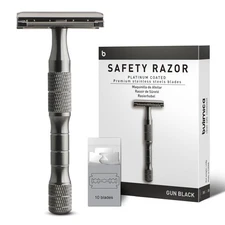 Gun Black Safety Razor, Single Blade Razors for Men, with 10 Platinum Coated Sta