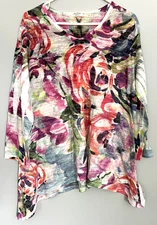 Jess & Jane Shirt Womens 1X Multicolor Floral Tunic Top Asymmetric Hem Made USA
