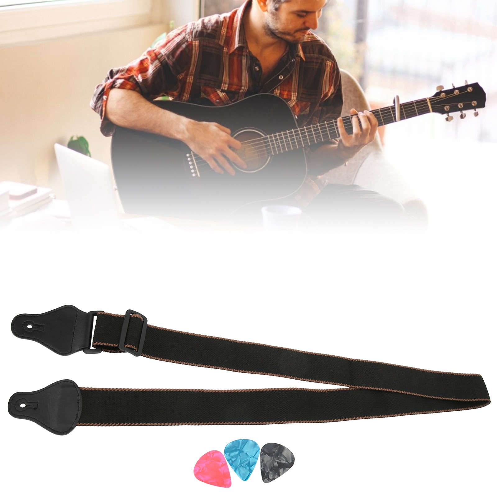 Guitar Strap Cotton Adjustable Neck Belt Celluloid Pick Kit Stringed Instrum BAJ