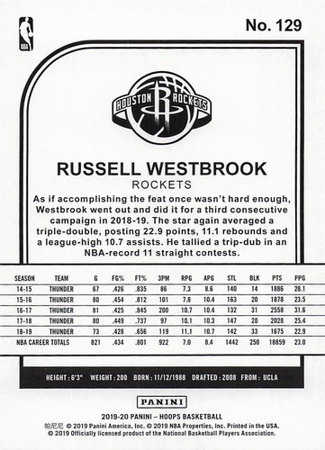 2019-20 Hoops #129 Russell Westbrook - Photo 2 sur 2