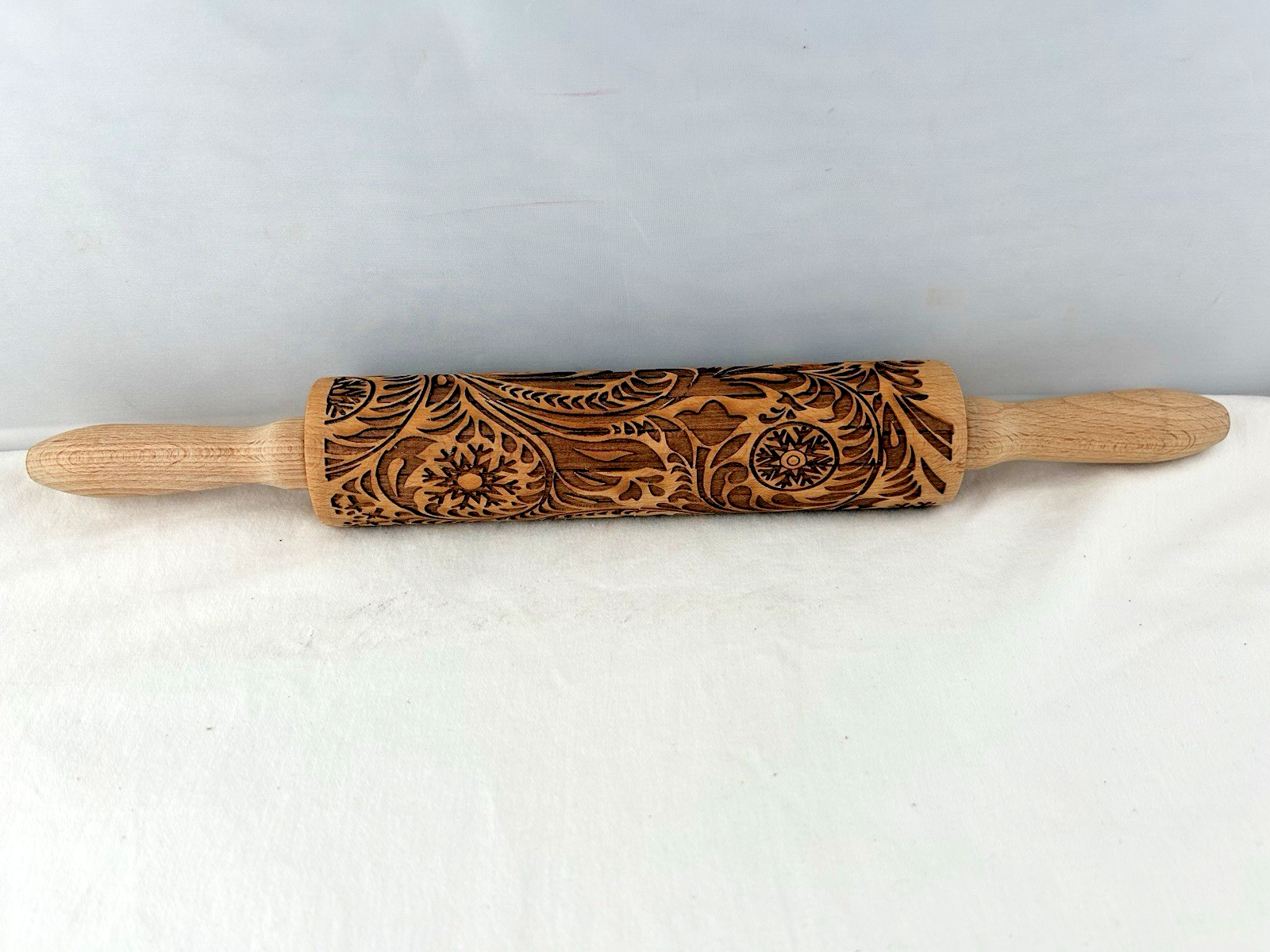 Embossed Wooden Rolling Pin Floral Snowflake 15 Inch