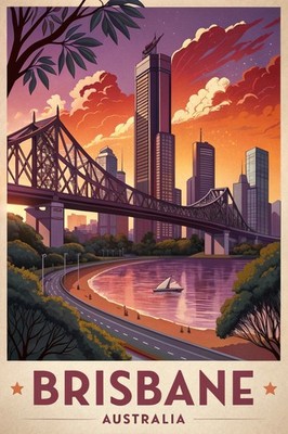Majestätisches Brisbane Australien Reise Poster - Lebendige Skyline Kunstdruck A1-A4 Post