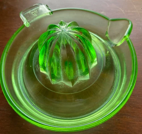 Vintage Federal Glass Uranium Green Glass Juicer Reamer with Tab Handle & Spout