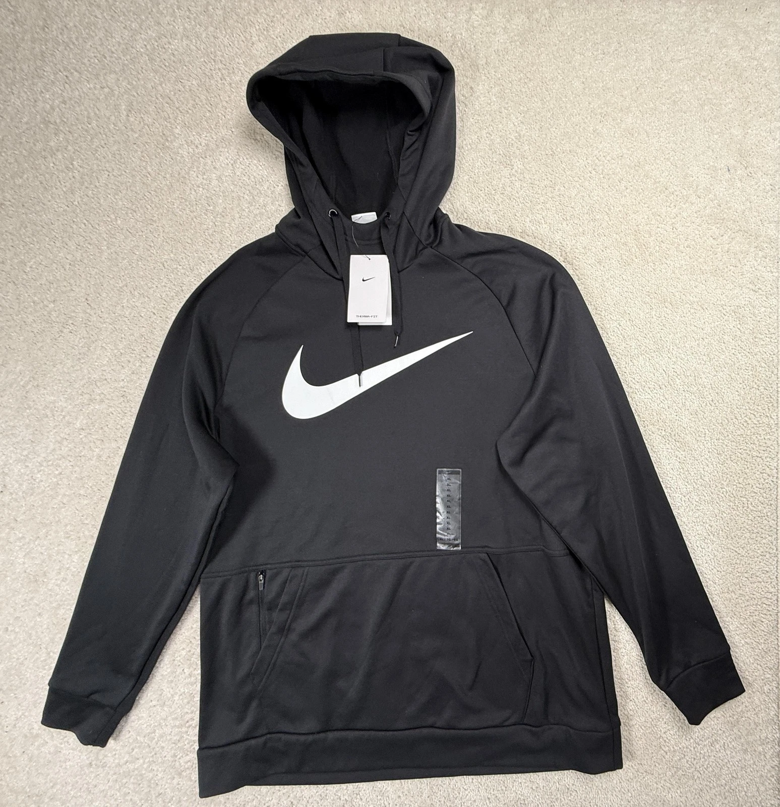 Nike Hoodie Mens XL Black Therma-FIT Pullover Sweatshirt Swoosh Graphic Hooded