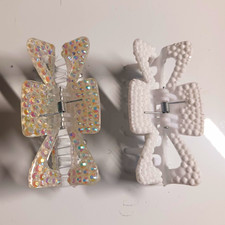 2-Pack Bow Hair Claw Clips, White  Clear Glitter Plastic, Solid Pattern