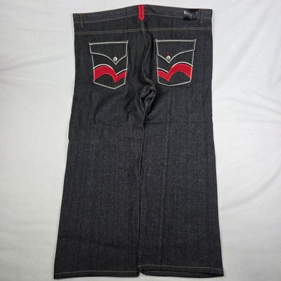 Vintage Y2k Noiz Baggy Jeans Mens 50x32 Black Red Wide Leg Skater Grunge Rap