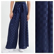 Urban Outfitters Navy Blue Satin Checkered Wide Leg Tie Waist Pants Womens 0 NWT