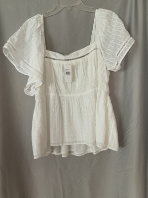 LOFT size XL White Cotton Swiss Dot Peasant Peplum Top w/ Short Flutter Sleeves 