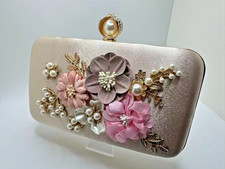 Floral Pearl Gold Satin Evening Hand Shoulder Bag Purse Clutch Wedding Party