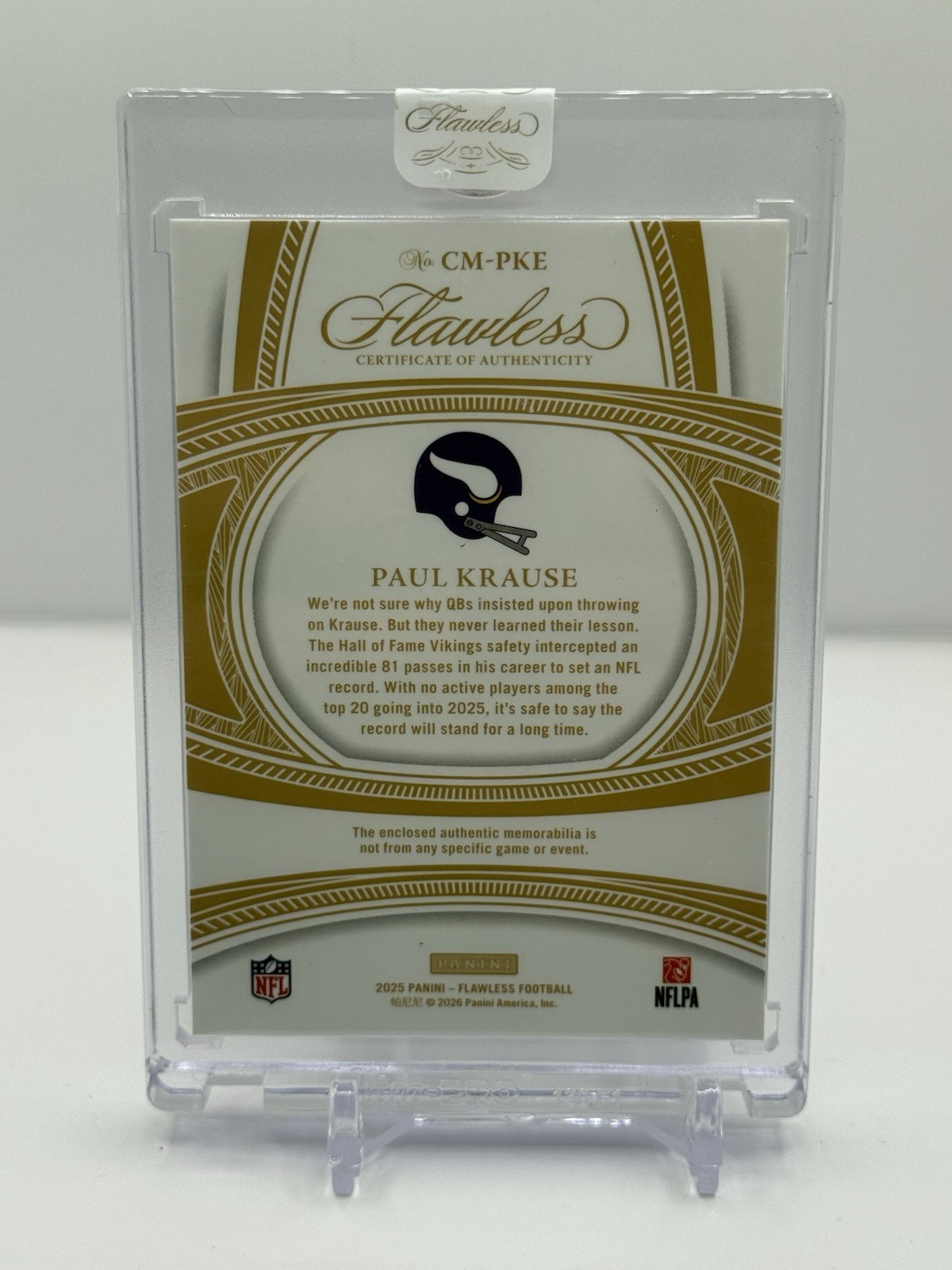 2025 Panini Flawless Paul Krause 1/1 Vikings Career Milestones view 2