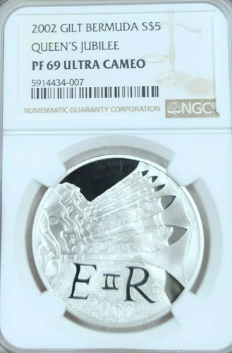 2002 BERMUDA SILVER 5 DOLLARS GILT QUEENS JUBILEE NGC PF 69 ULTRA CAMEO SCARCE